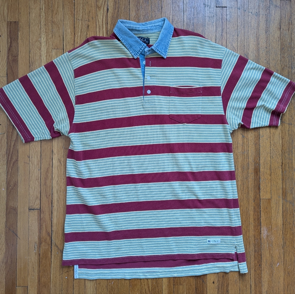 Men's 90s Vintage Oversized Green & Red Striped Rugby Shirt With Denim Collar L